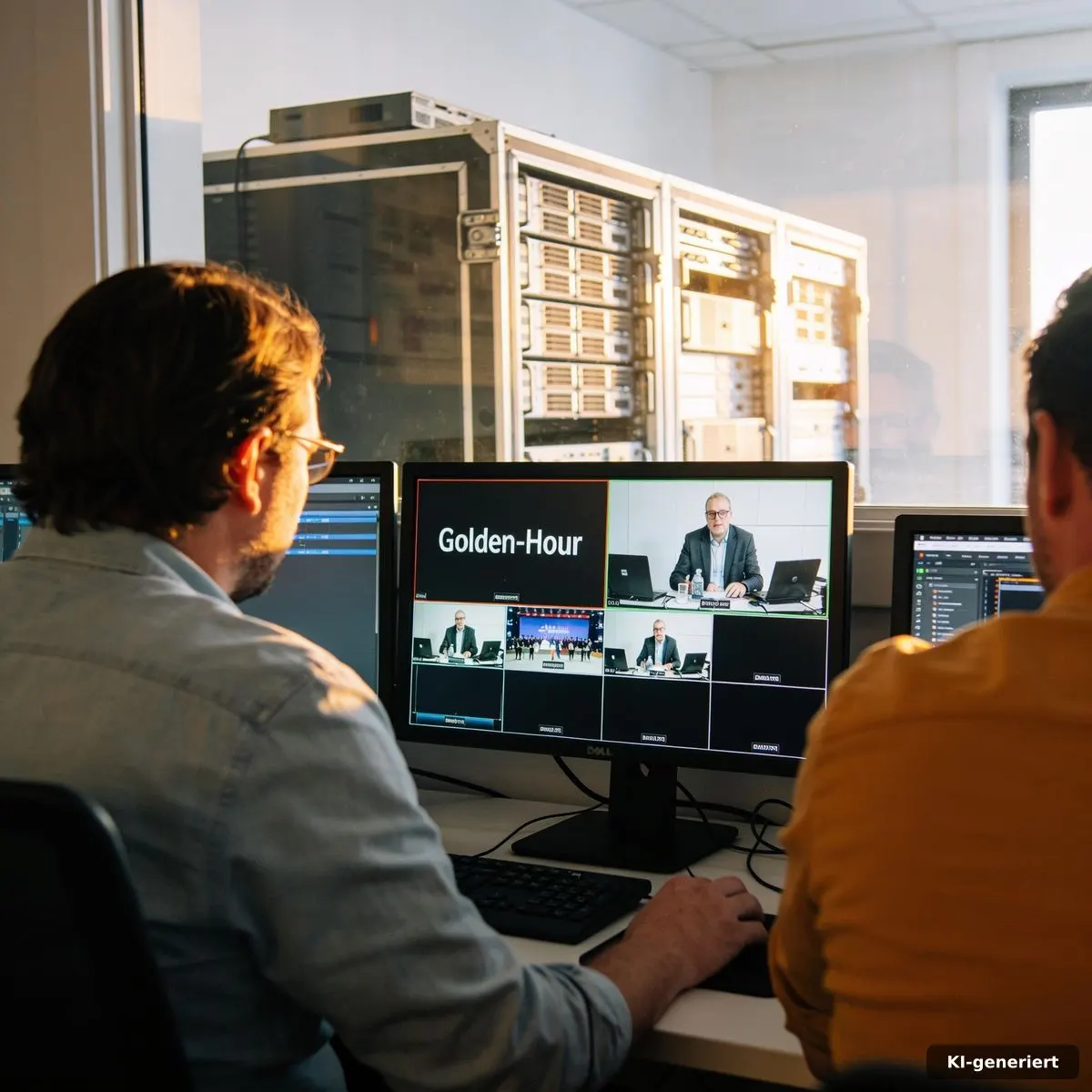 KI Video Detektor von Nvidia: Fake News in 22 ms 4 Livestream-Team überwacht eine Übertragung mit sichtbarer GPU-Servertechnik