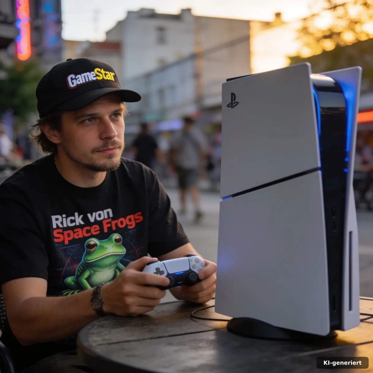 Konsolen Zukunft PS6 zwischen Disc-Hülle, Controller und digitalem Spiele-Store im modernen Wohnzimmer