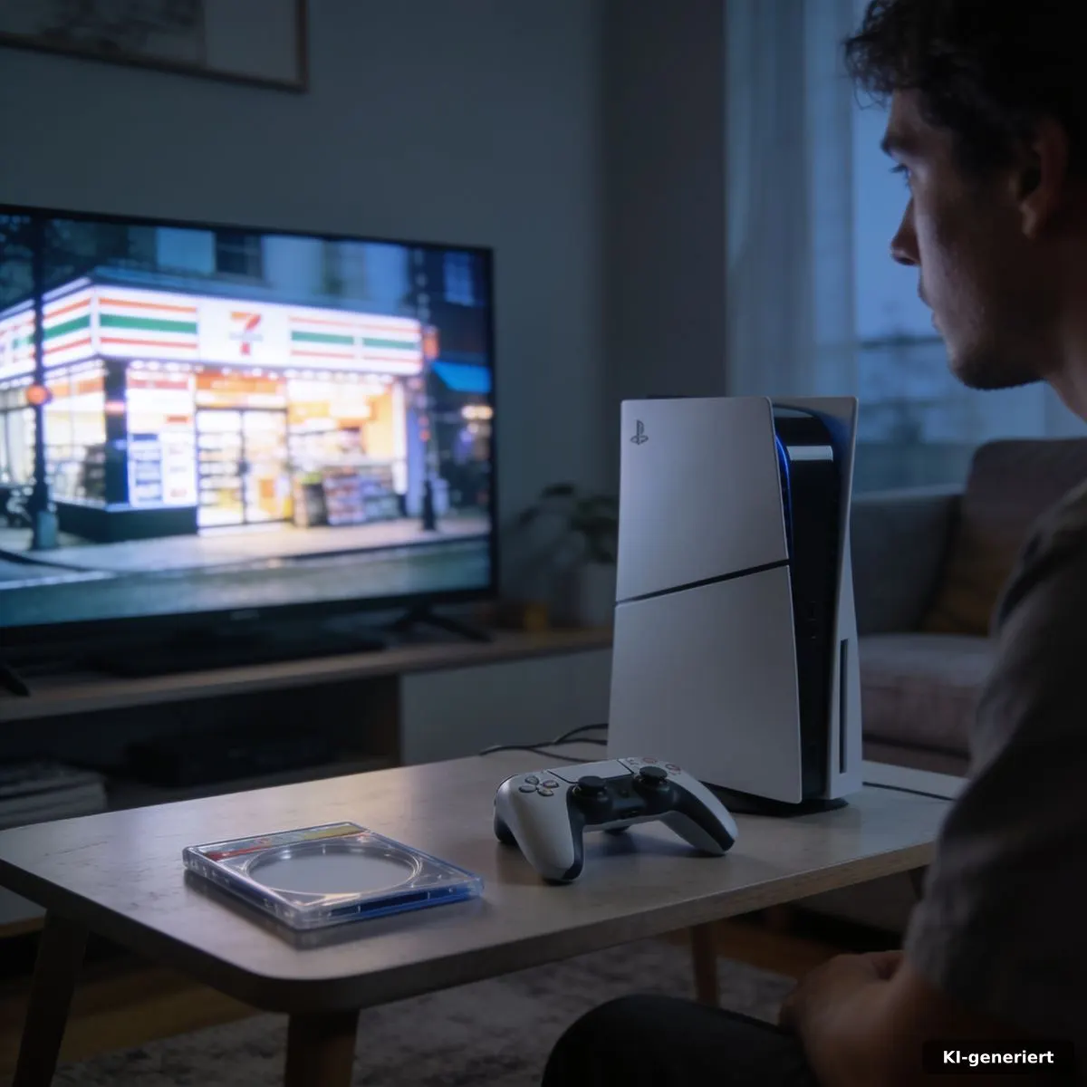 Spielekonsole zwischen Disc-Hülle, Controller und digitalem Store