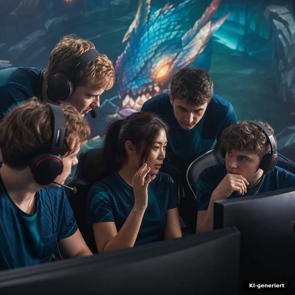 League of Legends Riftbound: Alles, was du wissen musst 2 vibrant esports-style scene inspired by League of Legends, players communicating around a dragon objective, high-energy