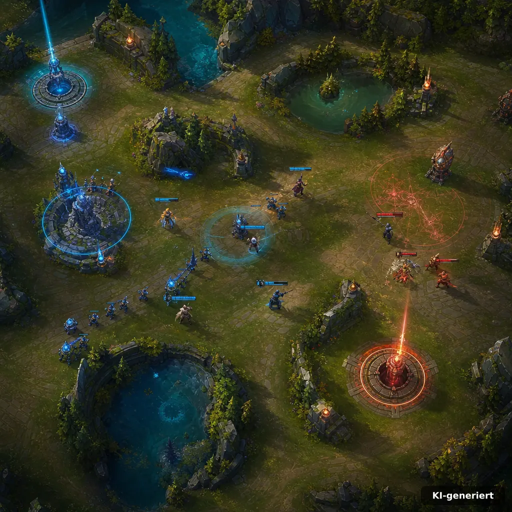 League of Legends Riftbound: Alles, was du wissen musst 3 top-down tactical view of a MOBA map, objective control zones, teams moving in formation, neon UI overlays, strategy foc