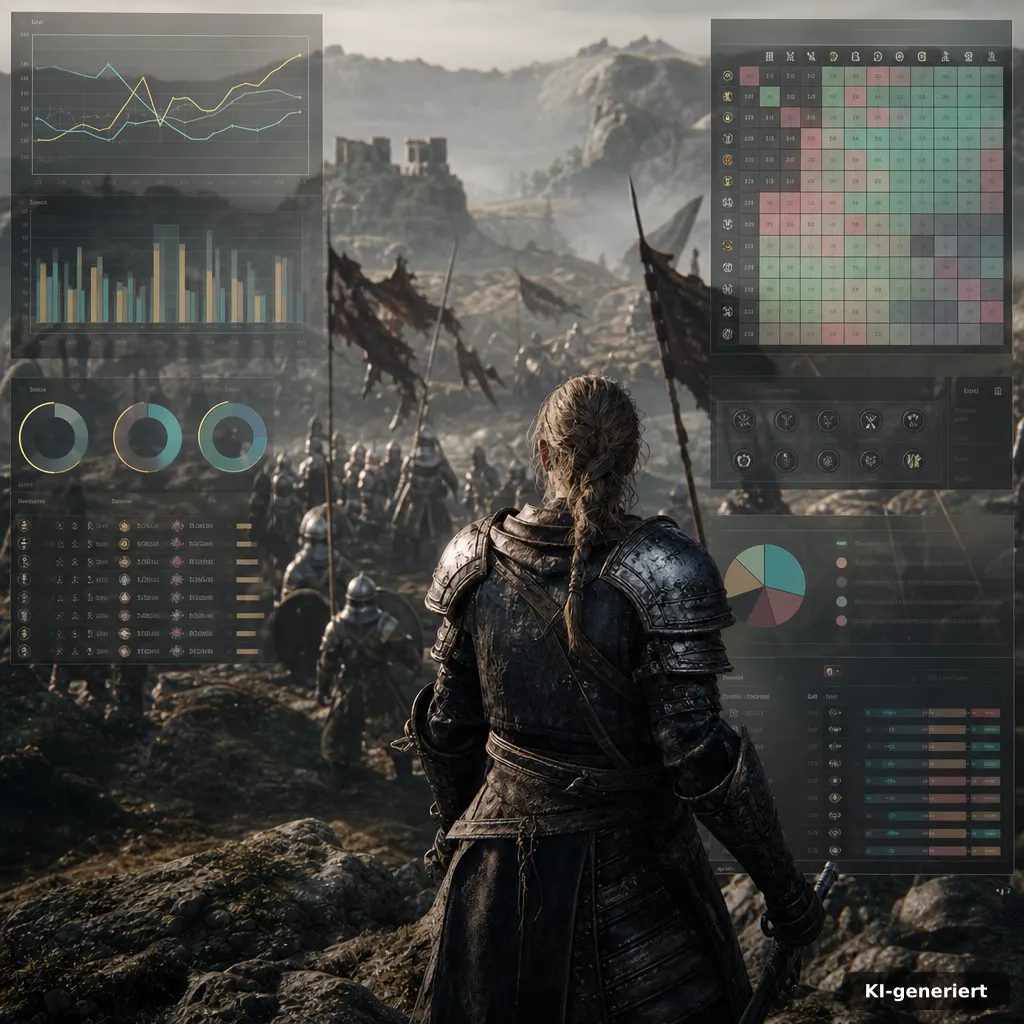 League of Legends Riftbound: Alles, was du wissen musst 4 abstract statistics dashboard overlaid on a fantasy battlefield, winrate graphs, matchup matrices, tournament filters, d