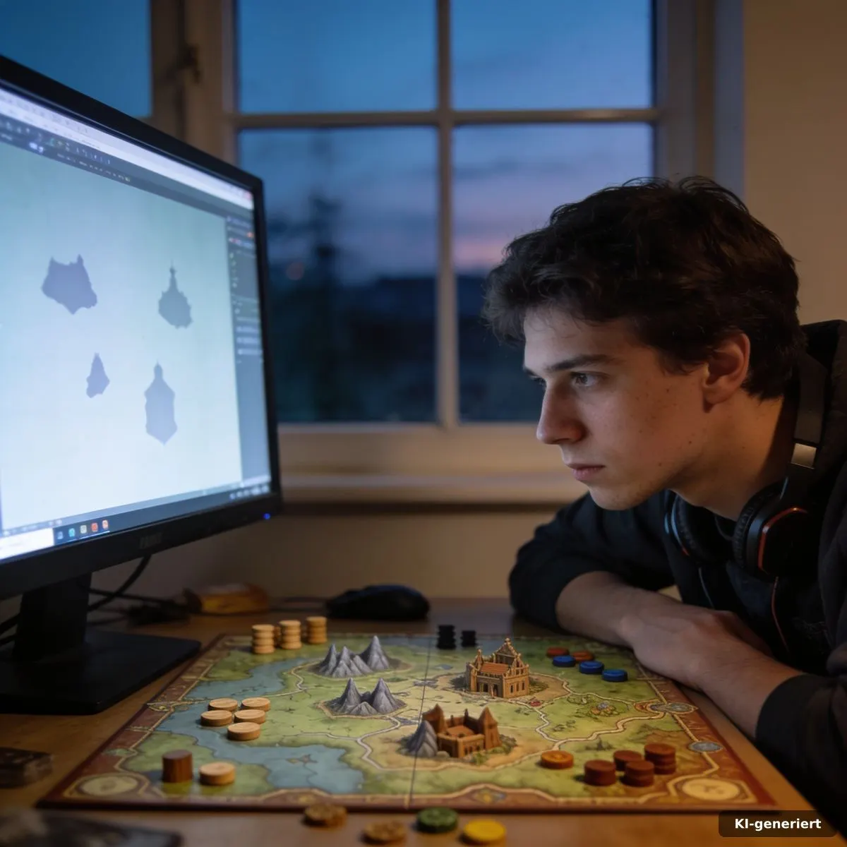 Spieler analysiert eine mittelalterliche Strategiekarte neben abstrakten Ressourcenmarkern