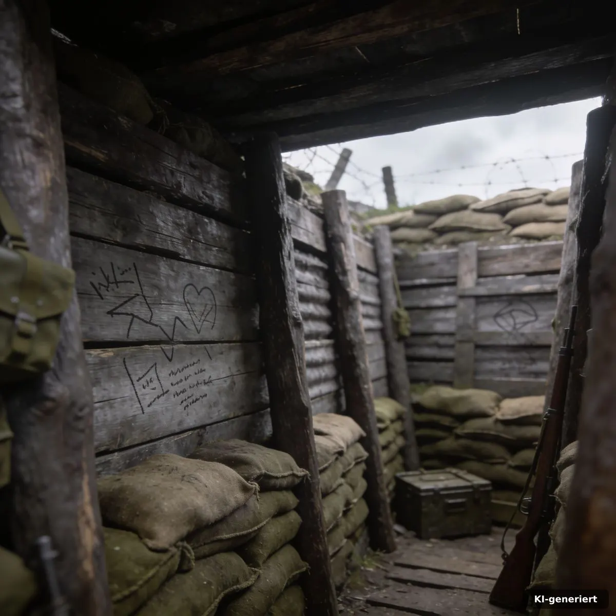 Innenansicht eines historischen Schützengrabens mit Sandsäcken und Holzstützen