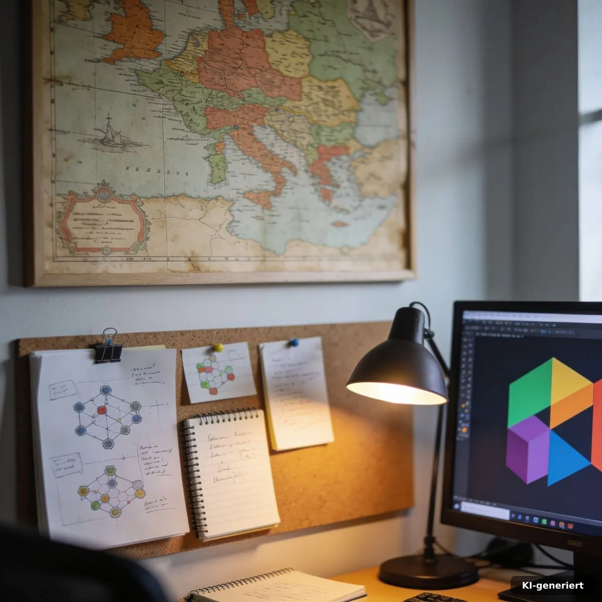 Entwicklerstudio mit historischer Karte, Notizen und abstrakten Strategieskizzen