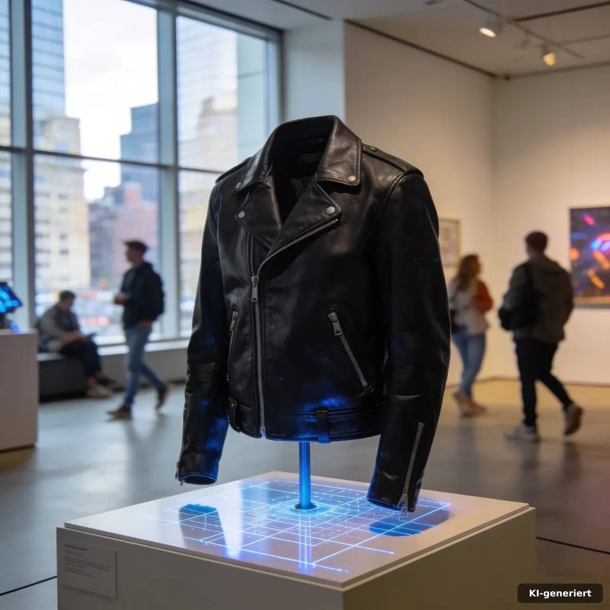 Signierte Lederjacke in einer modernen Auktionsgalerie