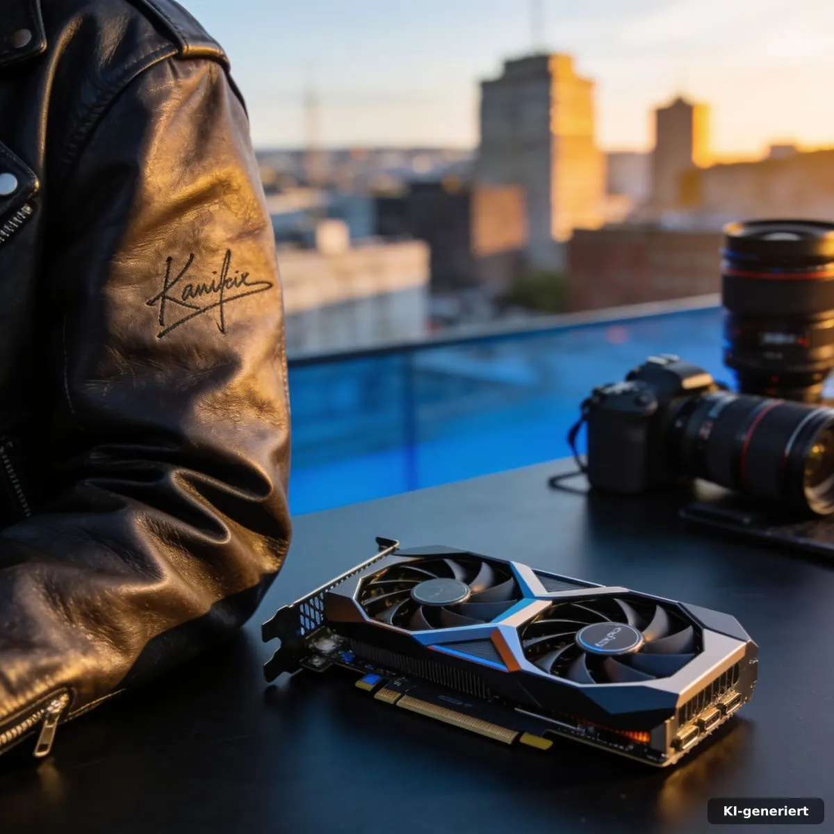 Lederjacke und High-End-Grafikkarte als Symbole für Tech- und Luxuswelt