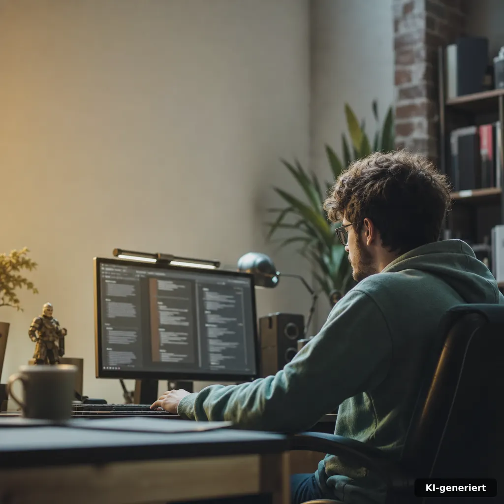 editorial photo of a game studio workstation with a monitor showing patch notes as blurred blocks, warm desk light, subt
