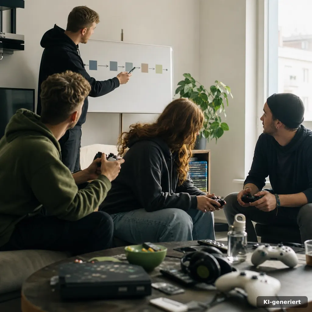 documentary photo of a busy gaming living room with controllers and a small whiteboard timeline showing abstract date bl