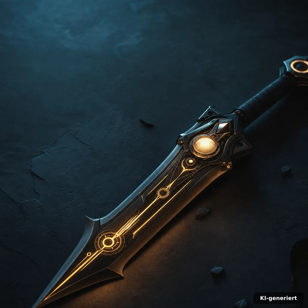 cinematic close-up of a glowing weapon silhouette on a dark slate surface, abstract gear-and-orb motifs as decals (no te