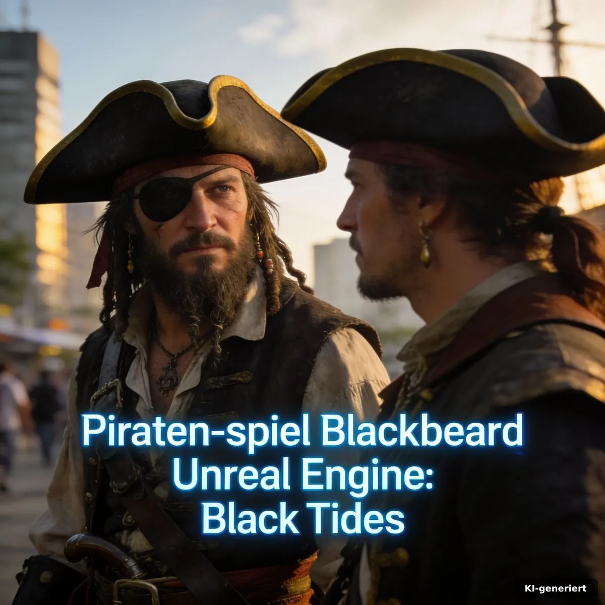 Piraten-spiel Blackbeard Unreal Engine: Schiff vor stürmischer Karibikinsel mit Ruinen und dunklem Himmel
