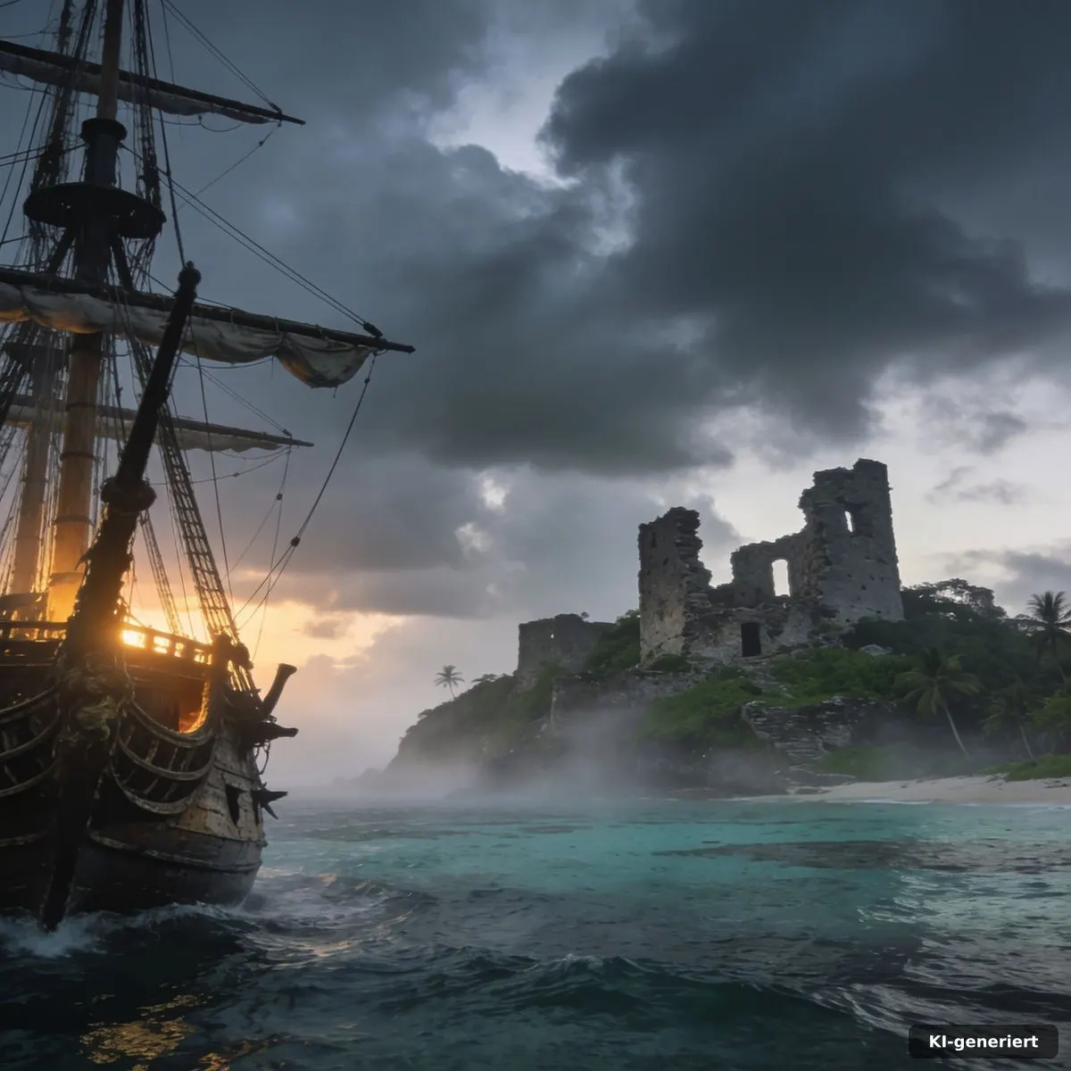 Piratenschiff vor einer nebligen Karibikinsel mit Ruinen und dunklen Wolken