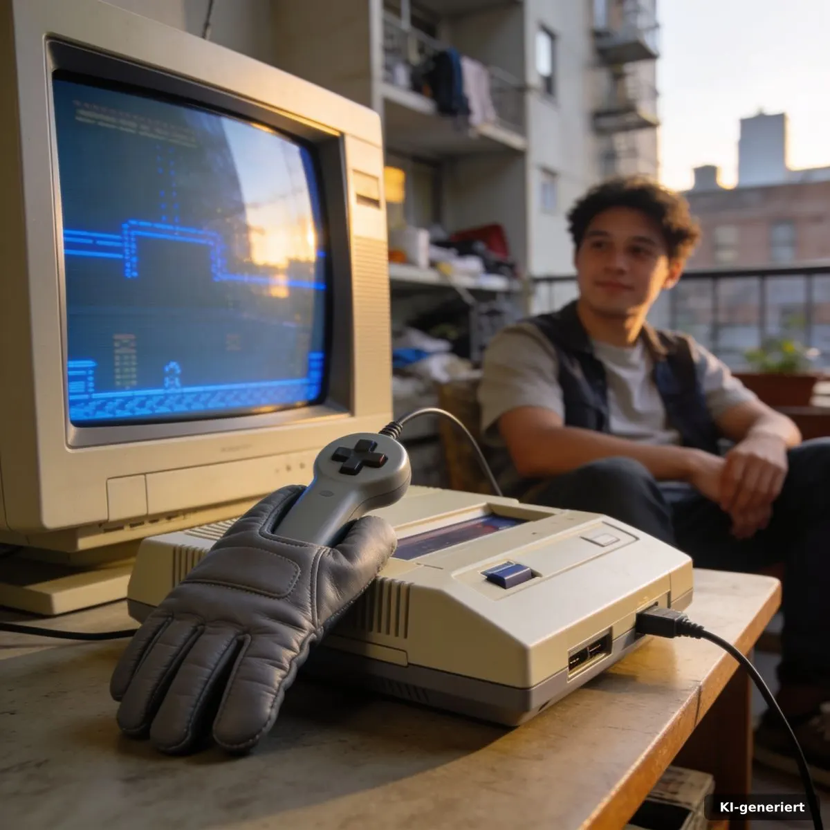 Power Glove NASA-Handschuh: Vom Hightech-Glove zum Flop 2 Power Glove neben einer klassischen Heimkonsole aus den späten 1980er-Jahren