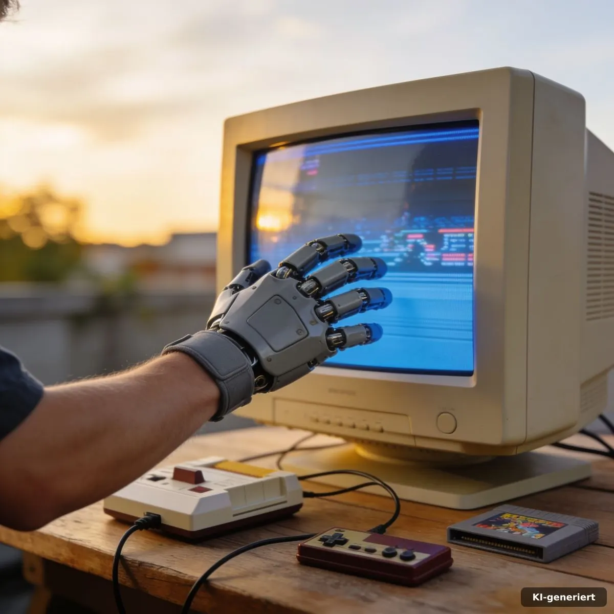 Power Glove NASA-Handschuh: Vom Hightech-Glove zum Flop 4 Spieler testet einen grauen Bewegungs-Handschuh vor einem Röhrenfernseher