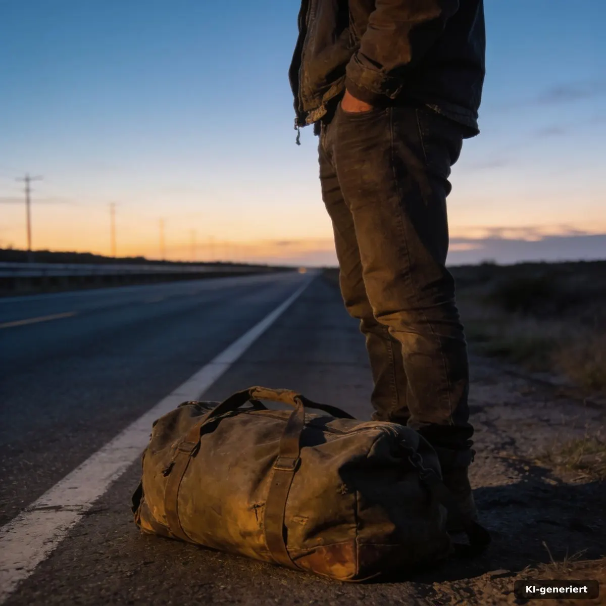Einsamer Reisender mit Tasche an einer leeren Straße im Abendlicht