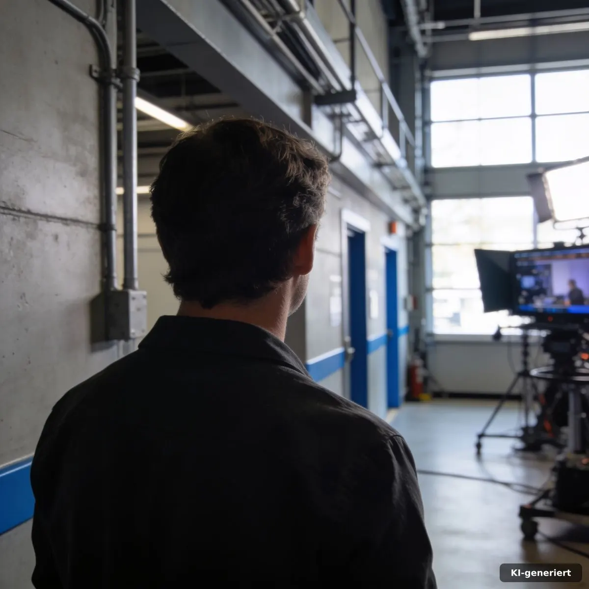 Filmset mit einer einzelnen Figur in einem industriellen Korridor