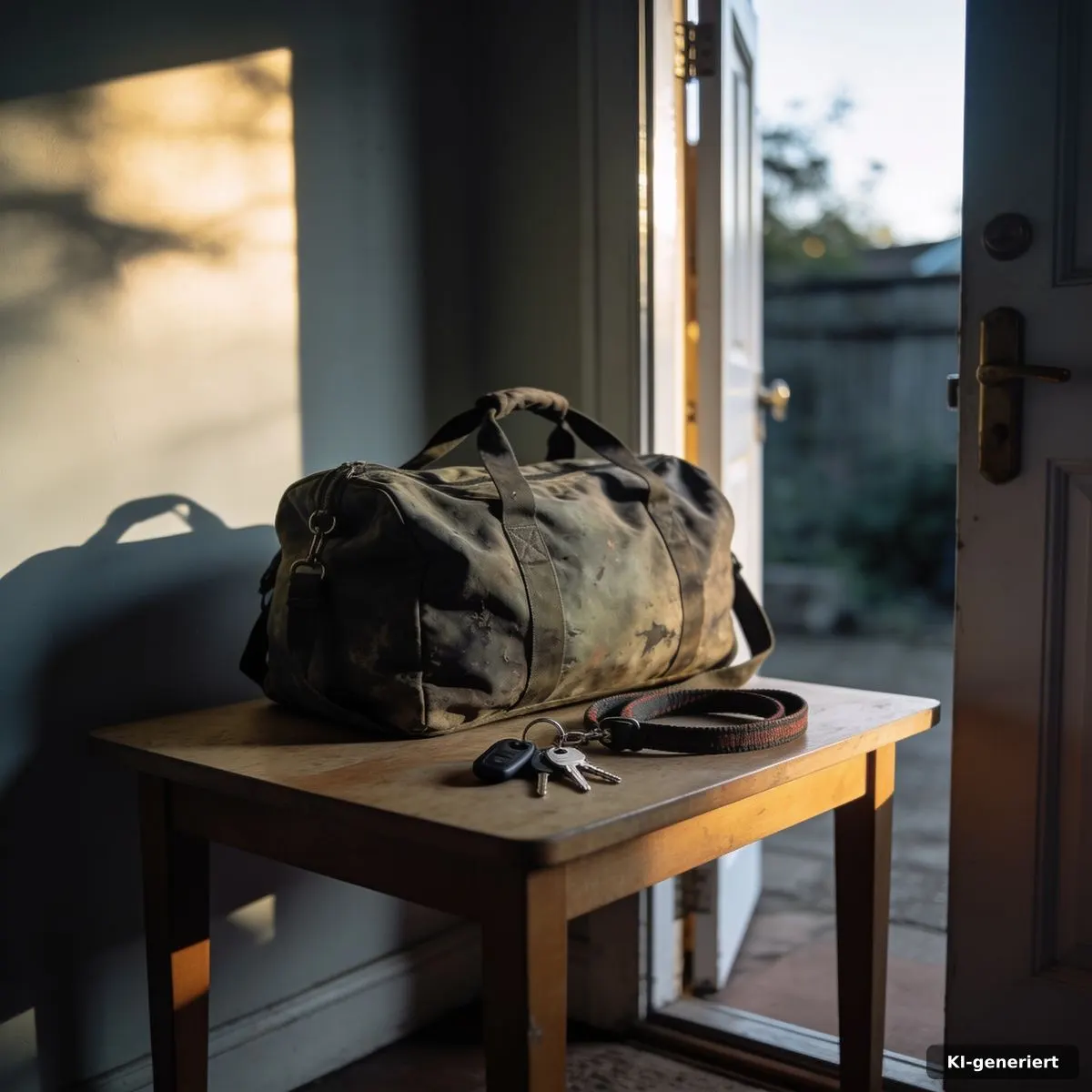 Reisetasche, Hundeleine und Hausschlüssel an einer offenen Tür