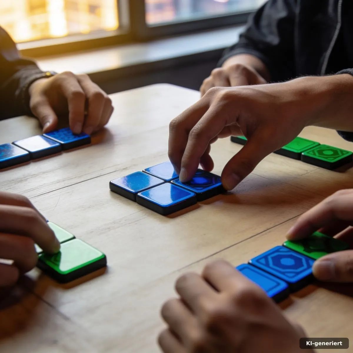 Hände platzieren farbige Spielsteine während einer taktischen Brettspielpartie