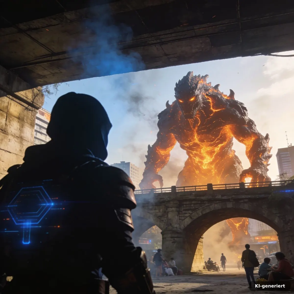 Eine dunkle Gestalt steht einem Balrog auf einer unterirdischen Brücke gegenüber