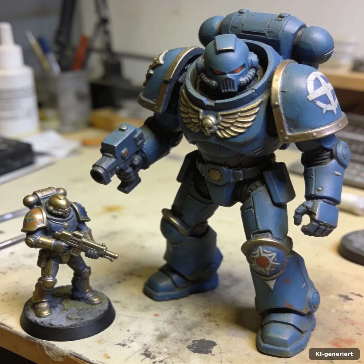 Frühe Science-Fiction-Miniaturen auf einer abgenutzten Werkbank