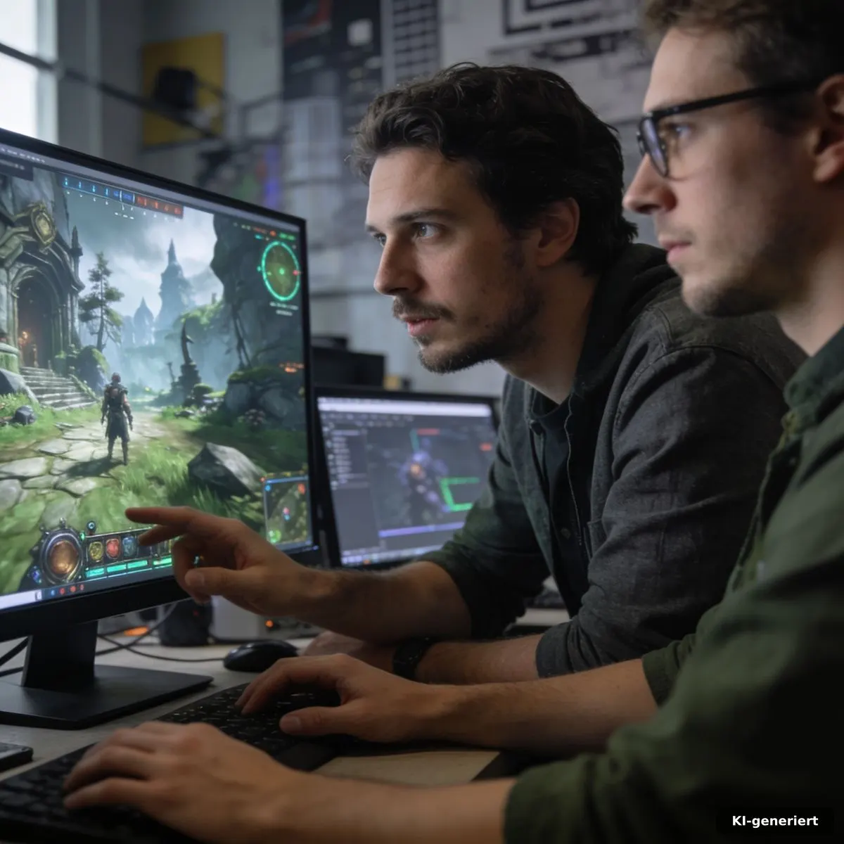 Entwicklerteam betrachtet eine Fantasy-RPG-Szene im Studio