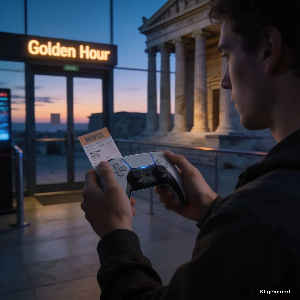 Kinobesucher mit Controller und antiken Architekturmotiven nach dem Film