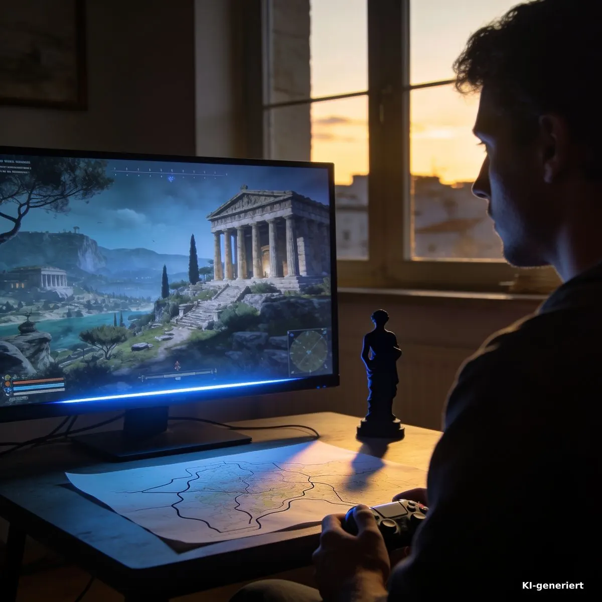 Gaming-Setup mit antiker Statue und atmosphärischer Spielszene
