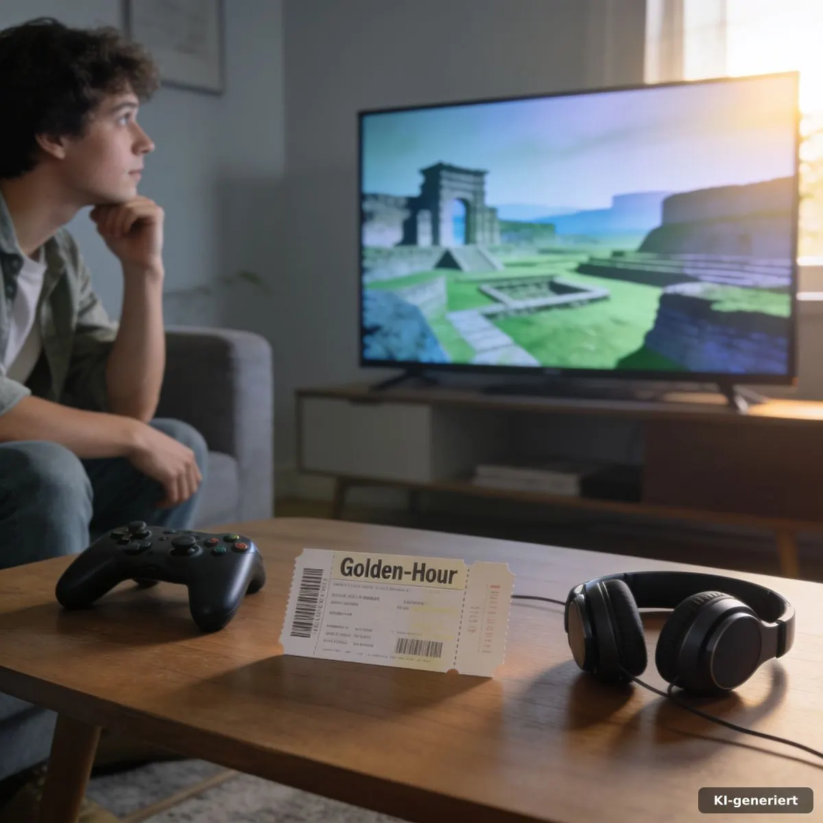 Controller, Kinokarte und Kopfhörer neben einem Bildschirm mit antiker Landschaft