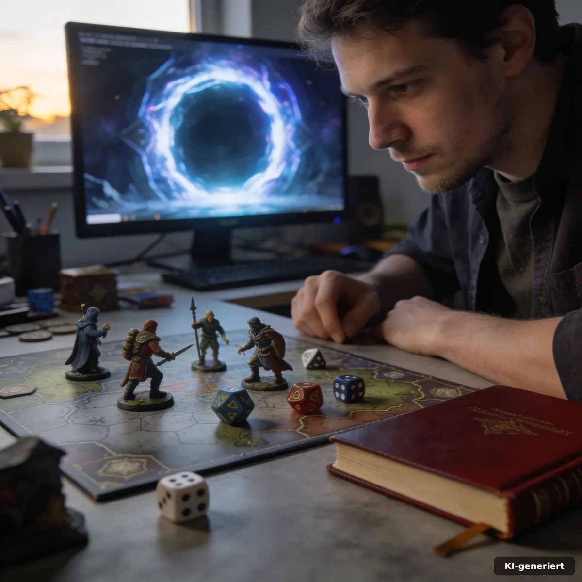 Spieltisch mit Fantasy-Miniaturen, Würfeln und leuchtendem Bildschirm