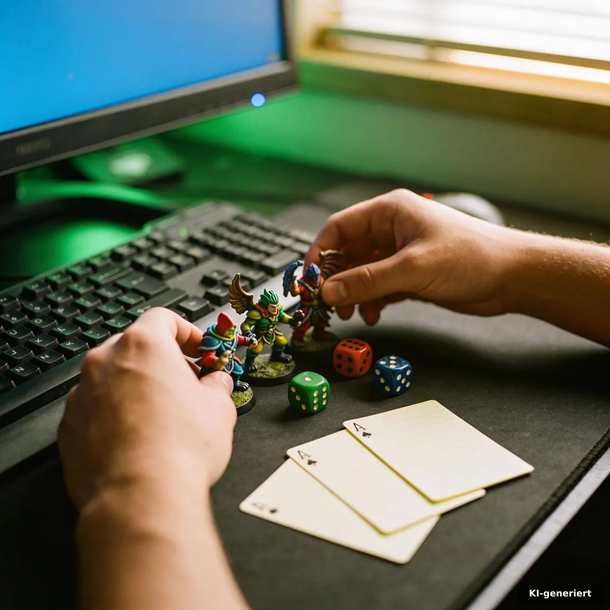 Hände neben Fantasy-Miniaturen, Würfeln und einem blau leuchtenden Gaming-Monitor