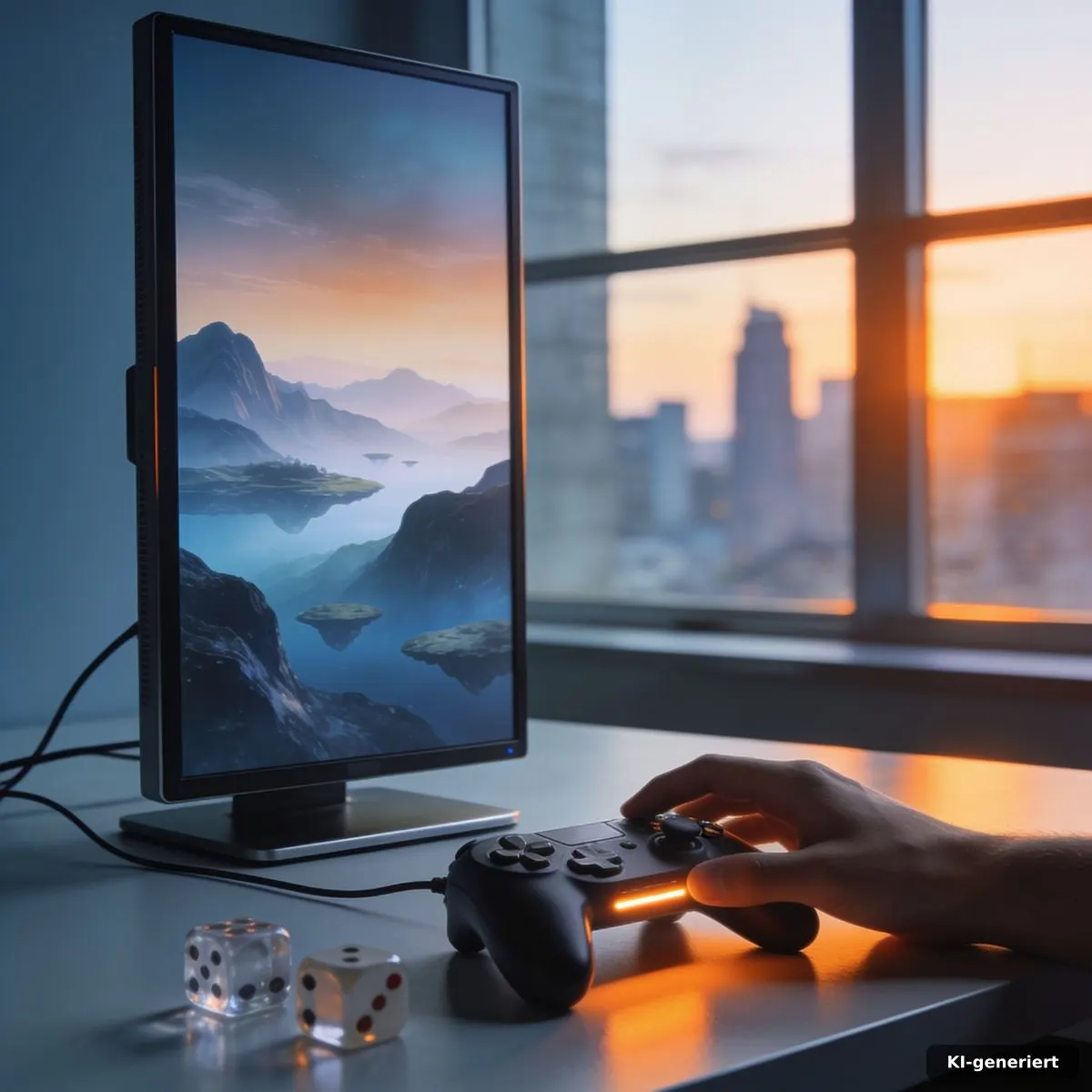 Hochkant aufgestellter Gaming-Monitor mit abstrakter Fantasy-Landschaft