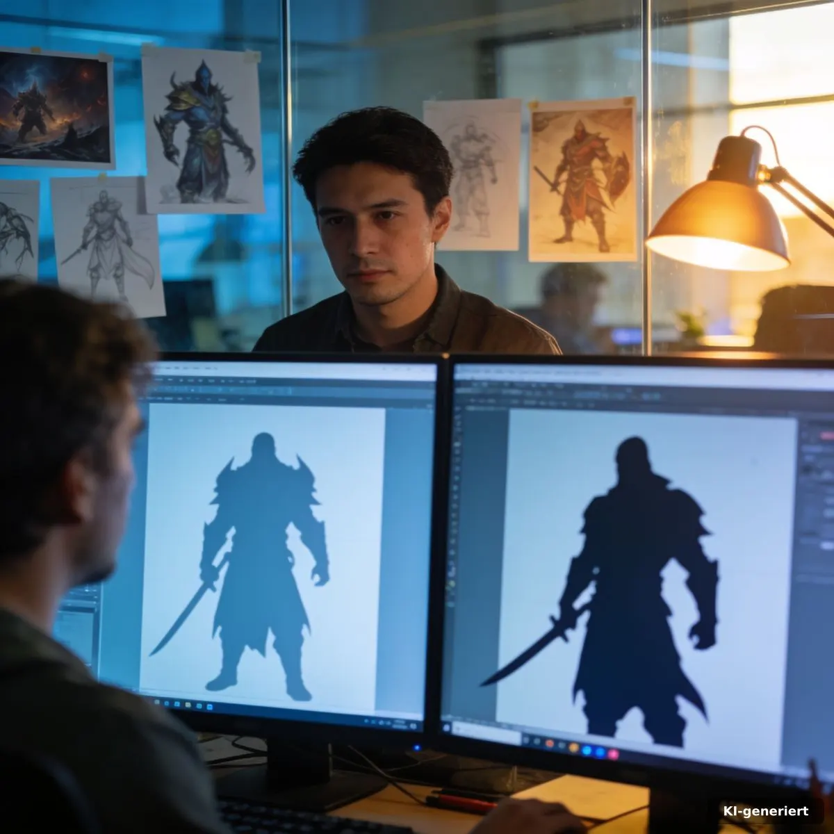 Kreativstudio mit Fantasy-Konzepten und Entwicklungsmonitoren
