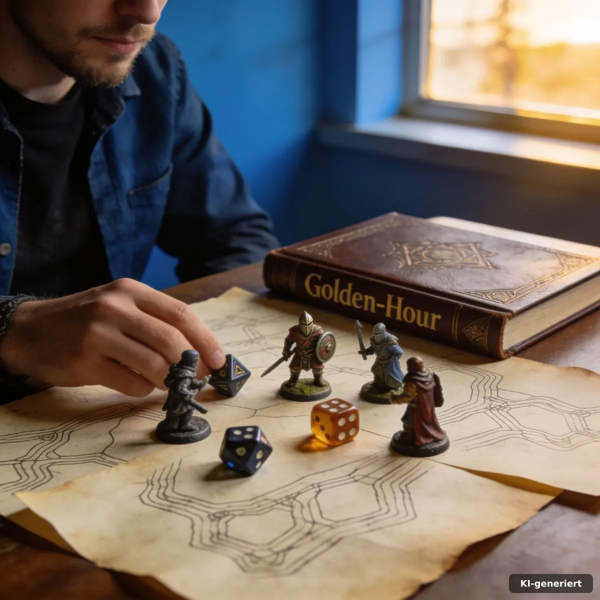 Fantasy-Spielszene mit Würfeln, Figuren und geschlossenem Regelbuch