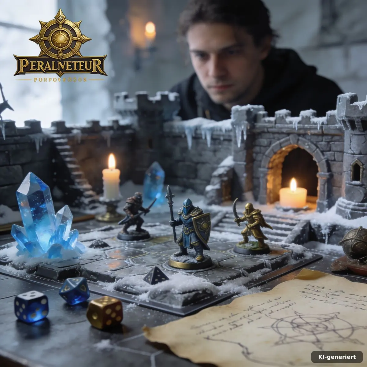 Eisige Tabletop-Zitadelle mit Fantasy-Miniaturen, Kristallen und Würfeln