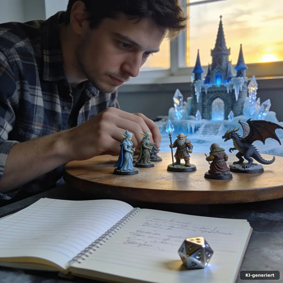Spielleiter bereitet eine Kampagne mit Miniaturen, Würfeln und einer eisigen Festung vor