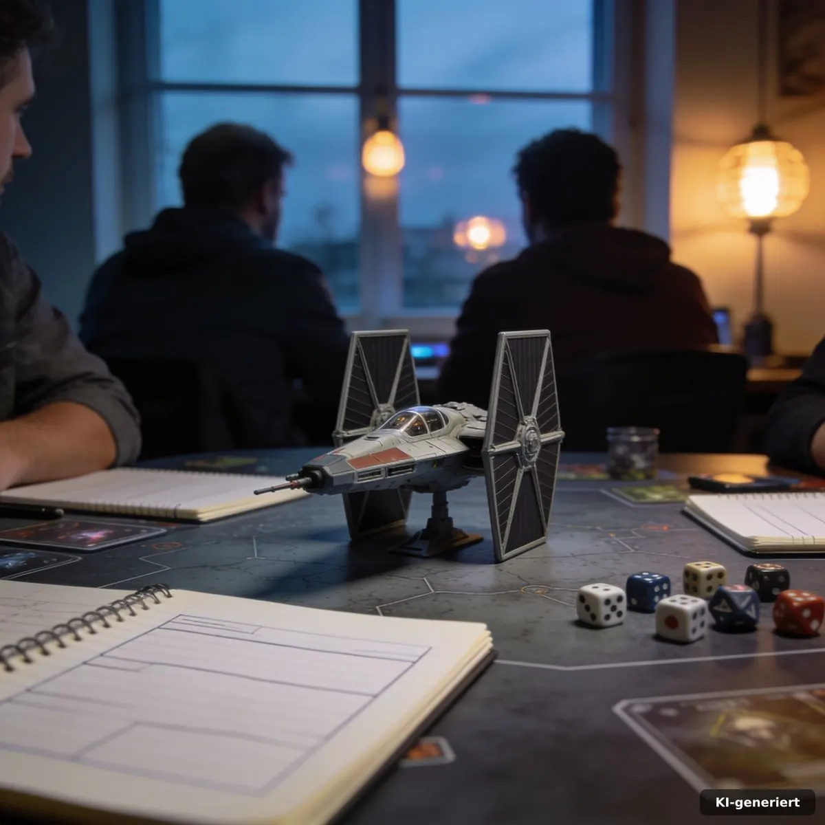 Rollenspielrunde mit Sci-Fi-Miniatur, Würfeln und Notizen am Spieltisch