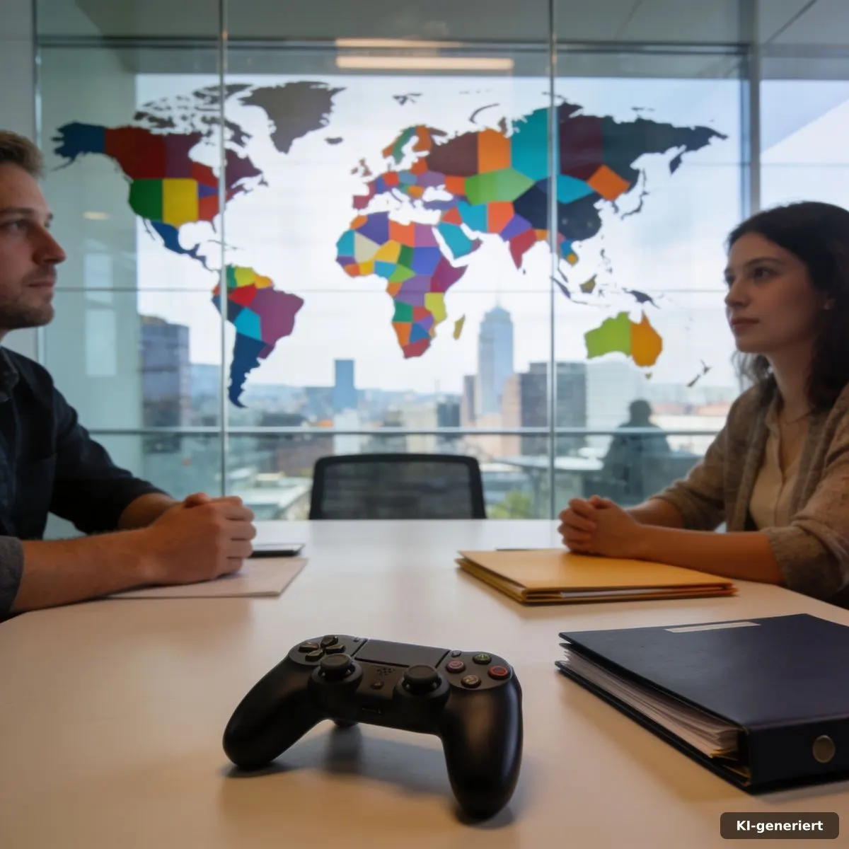 Besprechungsraum mit abstrakter Weltkarte und Gaming-Controller