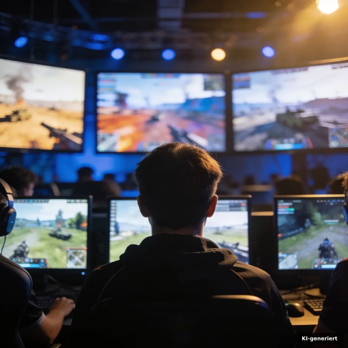 Gaming-Arena mit Spielerinnen und Spielern vor abstrakt leuchtenden Monitoren