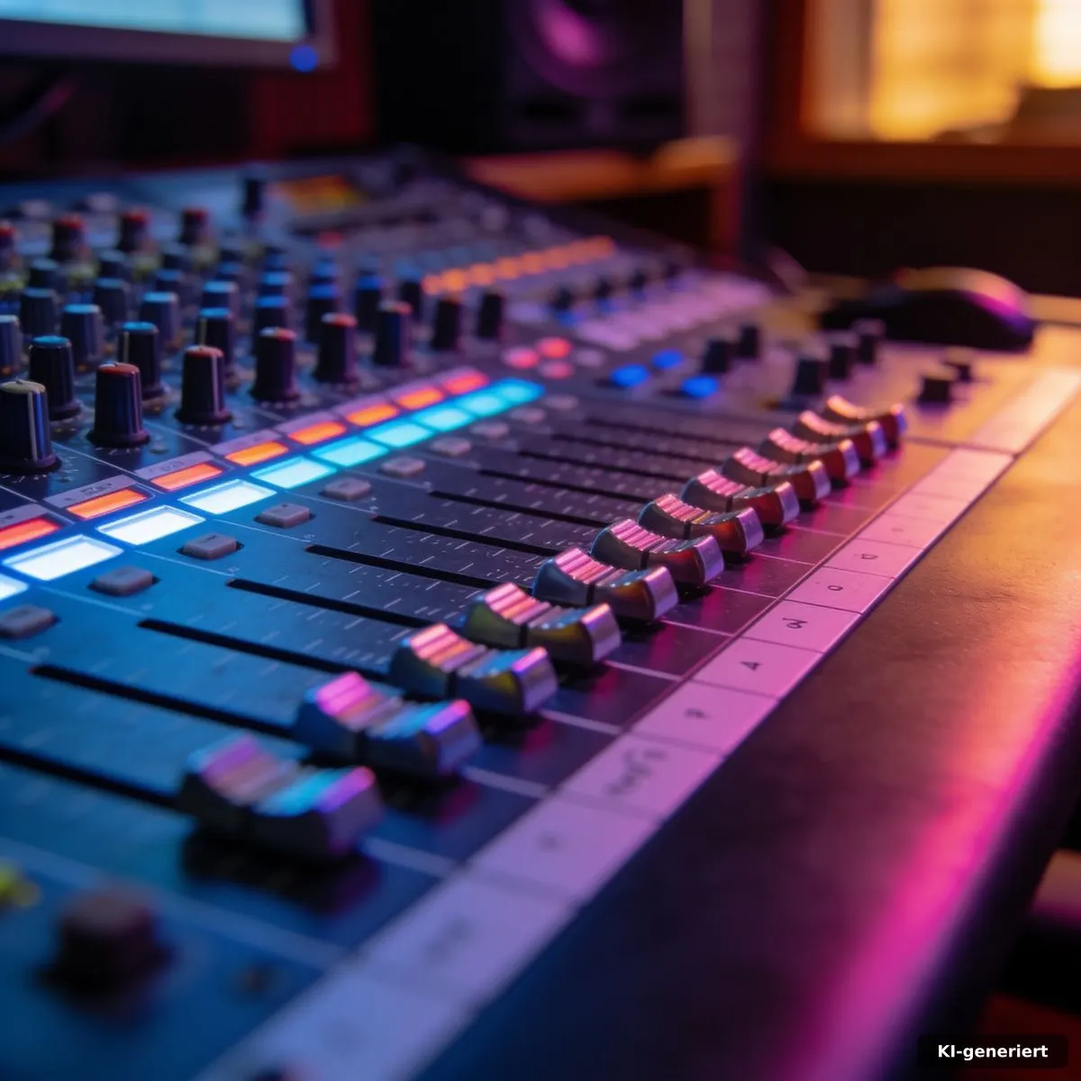 Mischpult und metallische Accessoires in einem farbig beleuchteten Musikstudio