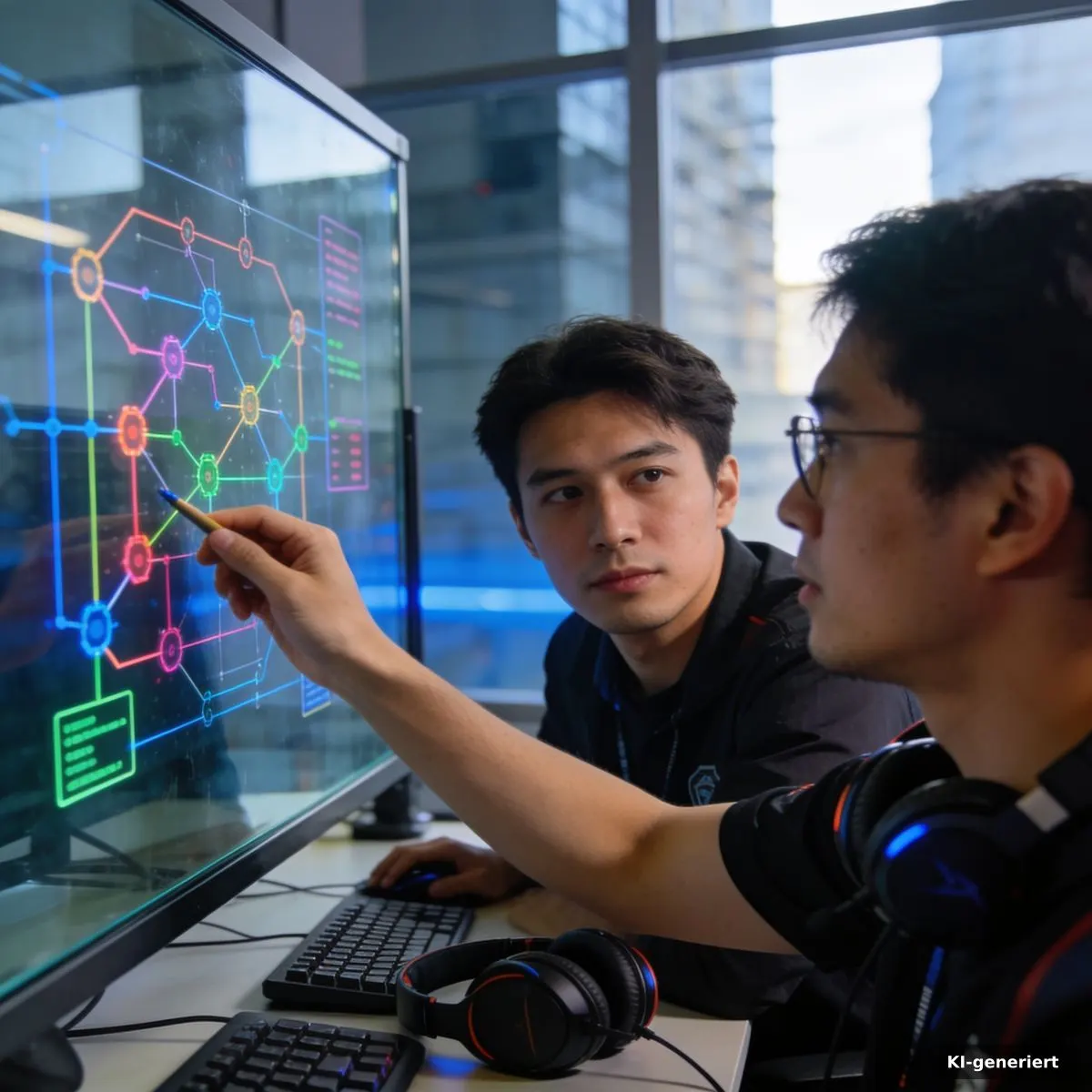 Esports Trends 2026: Turniere, Meta und neue Muster 3 Esports-Analysten untersuchen Match-Diagramme an einer Glaswand
