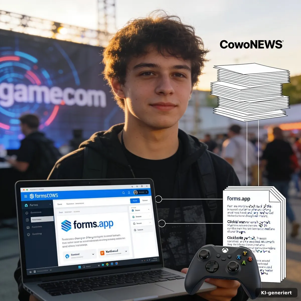 FAQ Seite Cowonews mit Controller, Notizen und Popkultur-Elementen auf einem modernen Redaktionstisch