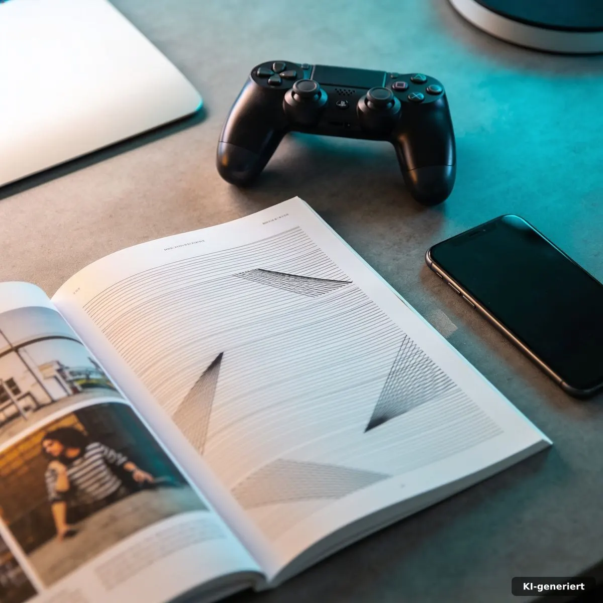 FAQ Seite Cowonews: Gaming, Kultur und Zukunft erklärt 2 Moderner Redaktionstisch mit Controller, Notizbuch und Smartphone