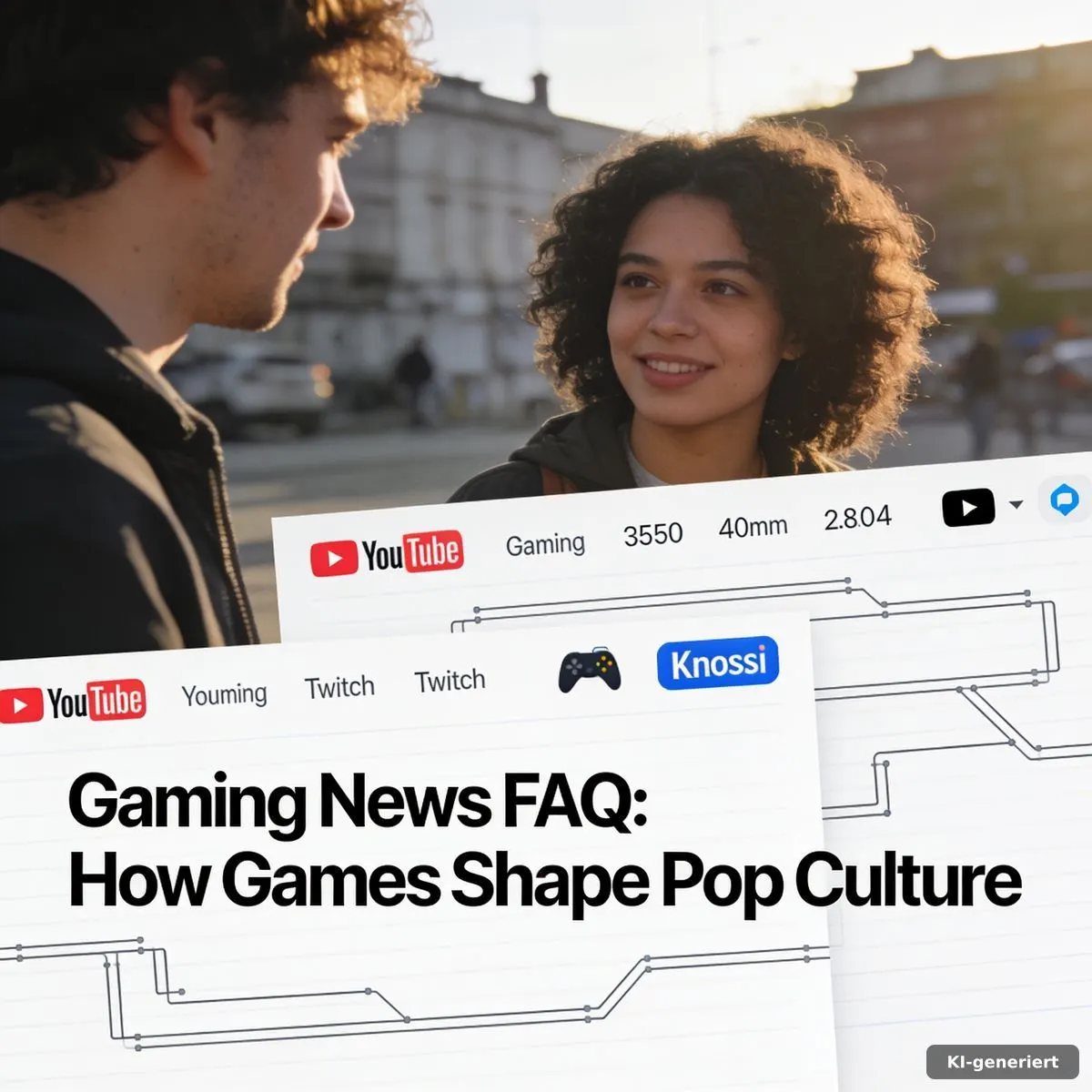 Gaming News FAQ mit Controller, Streaming-Reflexionen und Symbolen für Serien, Bücher und Popkultur