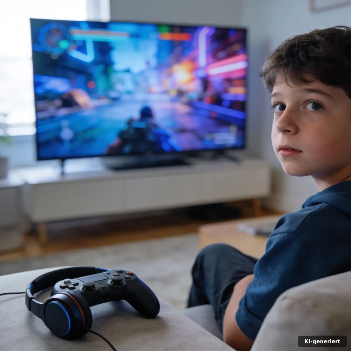 Gaming-Setup mit reflektierter Spielwelt im modernen Wohnzimmer