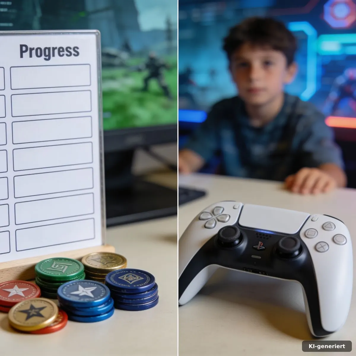 Abstrakte Fortschritts- und Ranglistenmechaniken neben einem Controller
