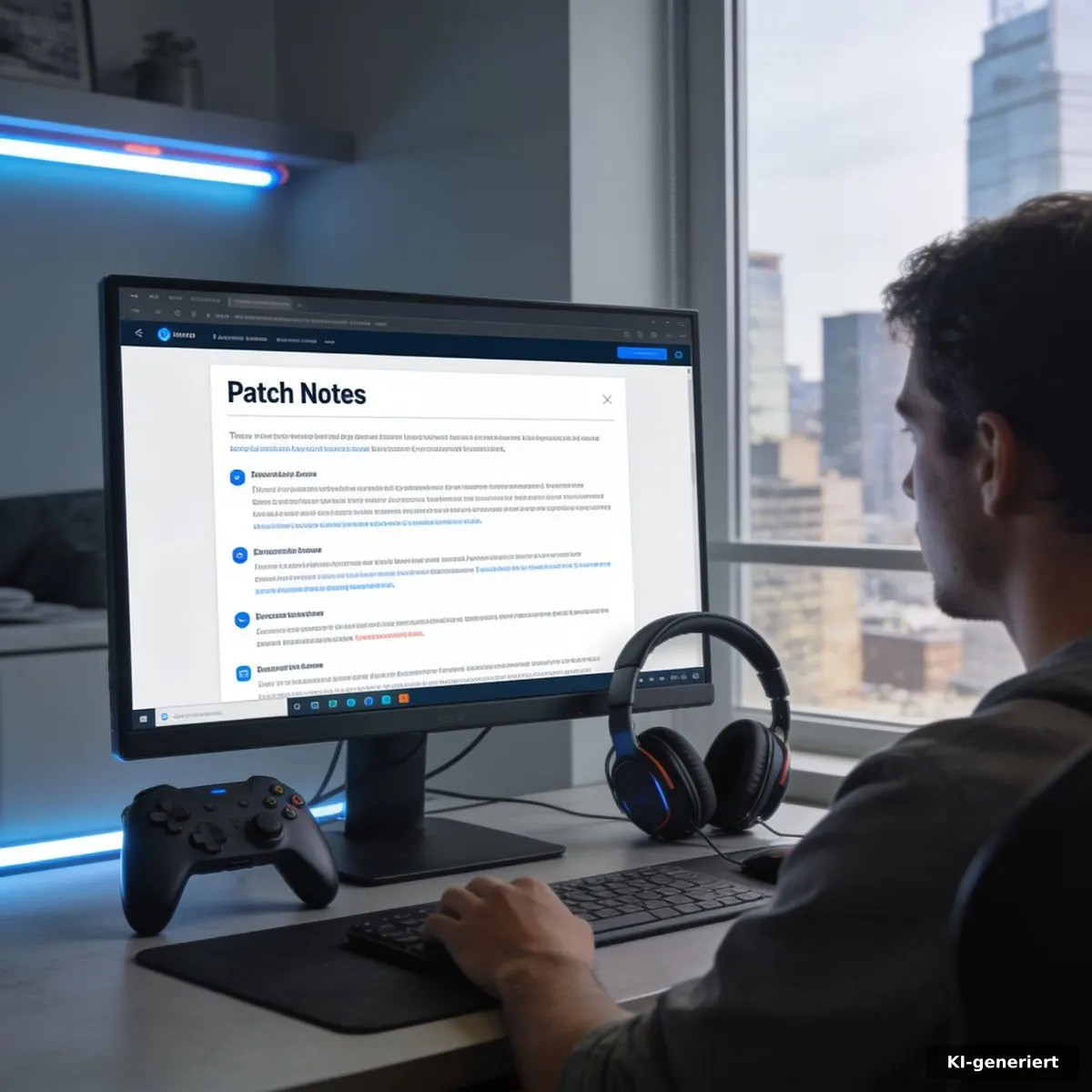 Gamer liest Patch Notes am Monitor neben Controller und Kopfhörern