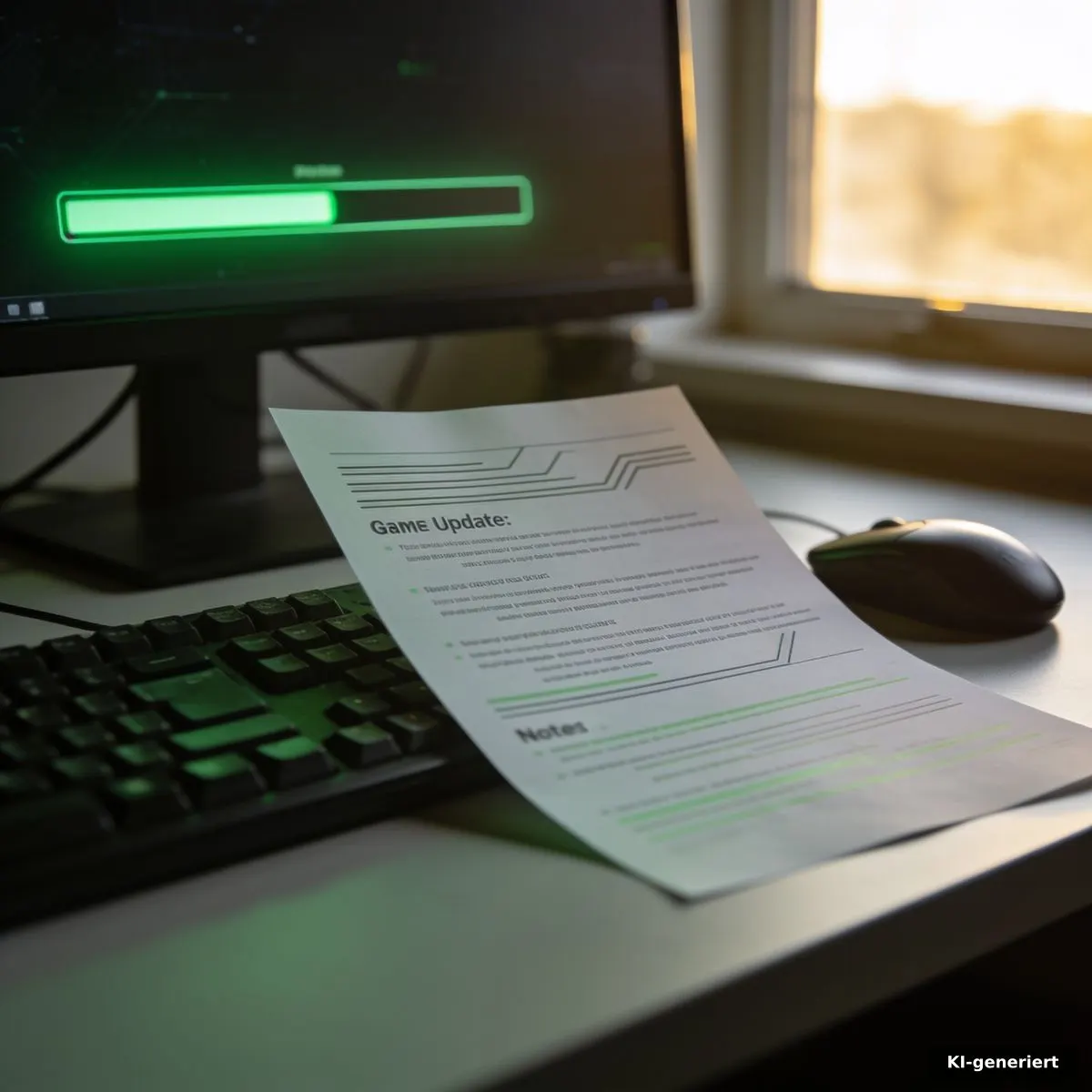 Abstrakte Update-Notizen neben Tastatur, Maus und Fortschrittsanzeige