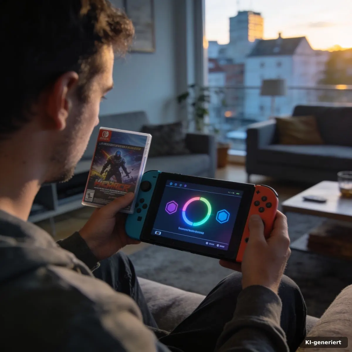 Spielehülle neben Handheld-Konsole und abstrakter Download-Anzeige