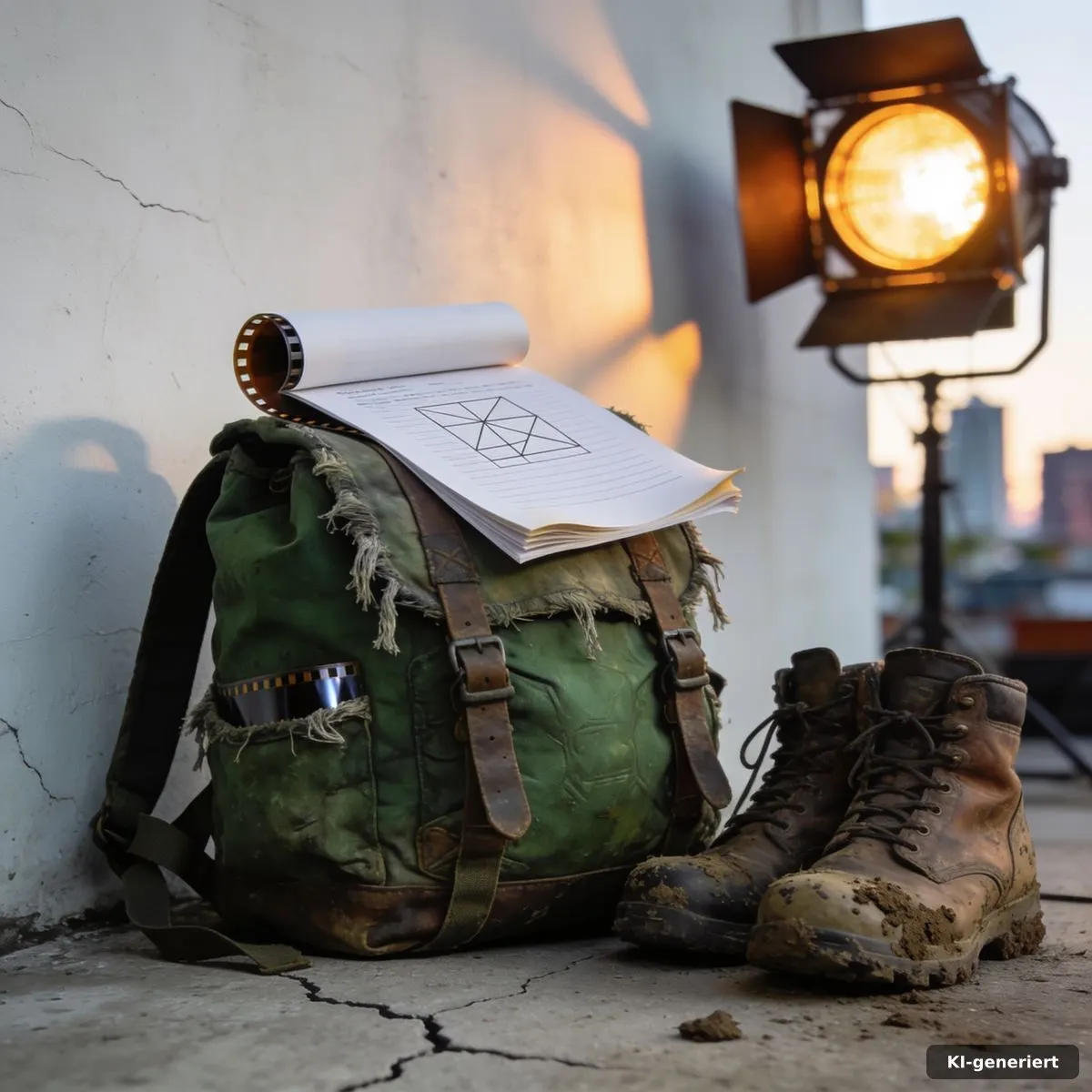 Reisetasche und Stiefel neben einem abstrakten Filmskript und Bühnenlicht