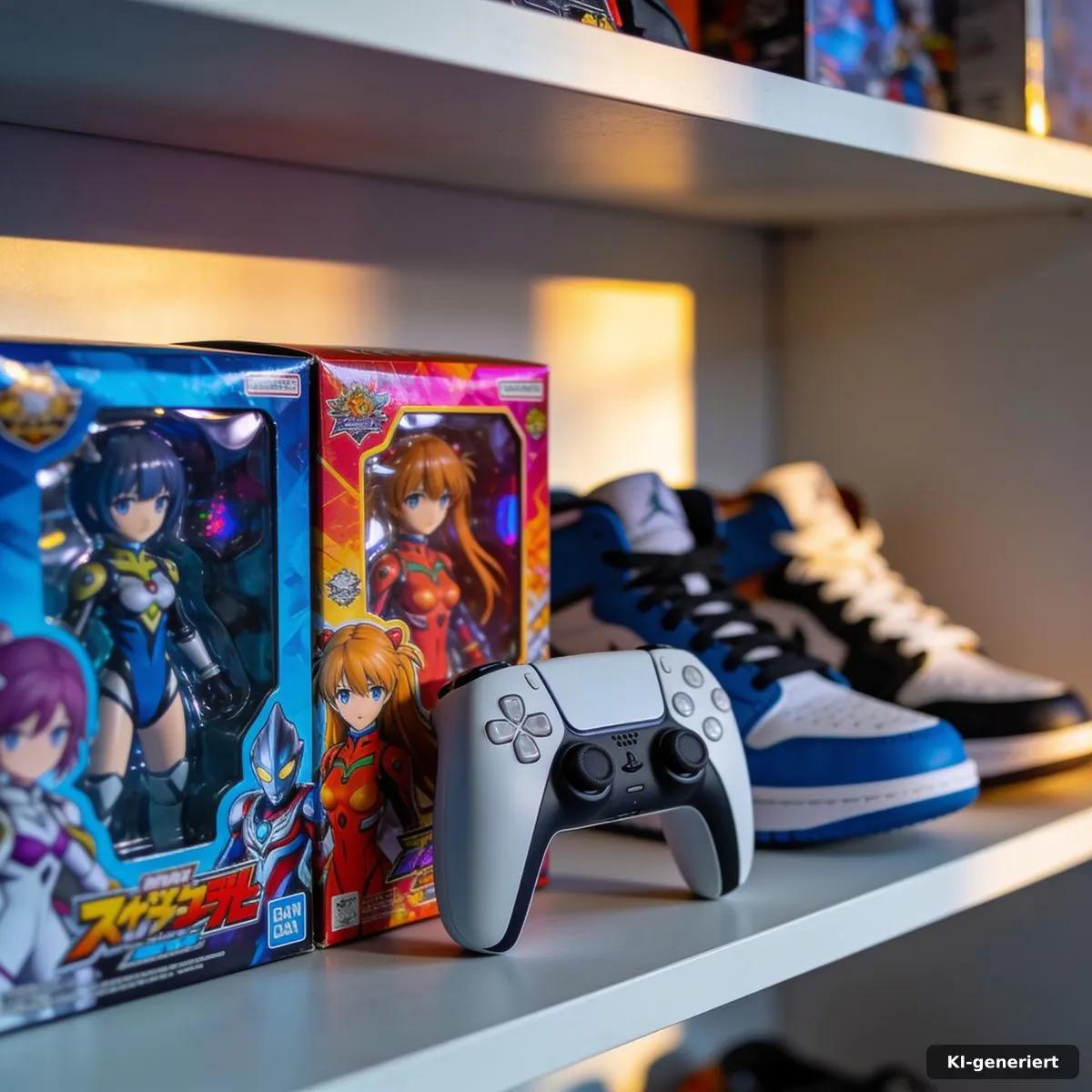 Anime-inspirierte Sneaker, Sammelobjekte und Gaming-Controller im Popkultur-Setup